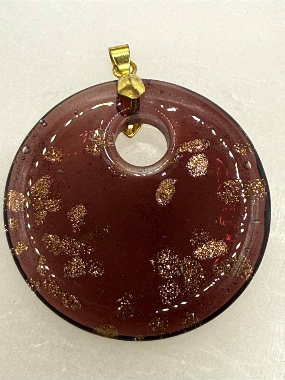 Vintage Round Glass Pendant with Gold Glitter & goldtone artisan wine statement